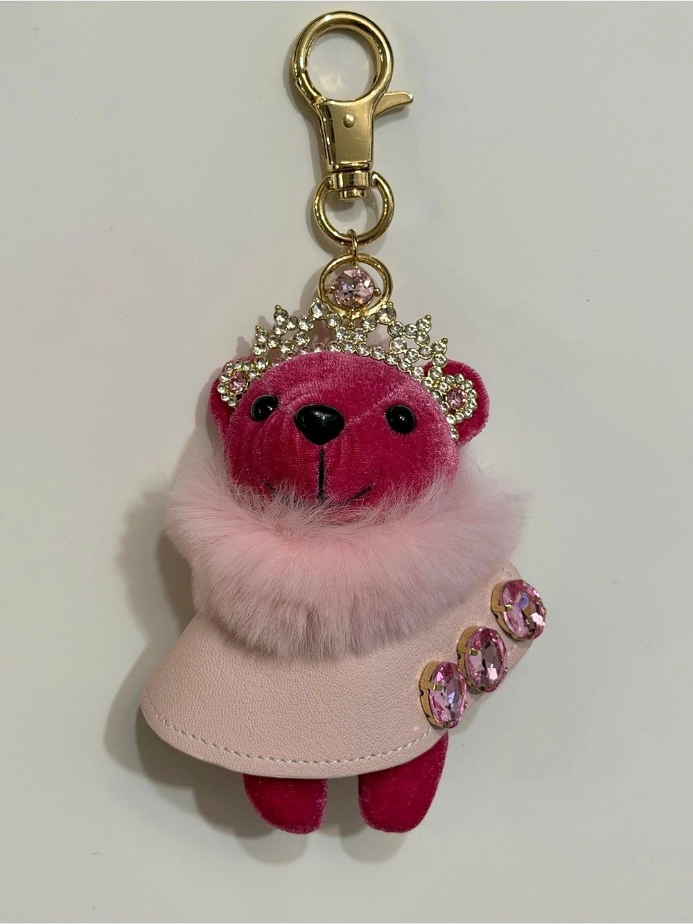 Piper K Pink Bear Princess Rhinestone Crown Faux Fur Bag Charm